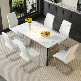 Streamdale 63" Cold Jade Dining Table Set with 6 White PU Chairs