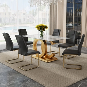 Streamdale 63" Glass Dining Set: Marble Table & 6 Black/Gold Chairs