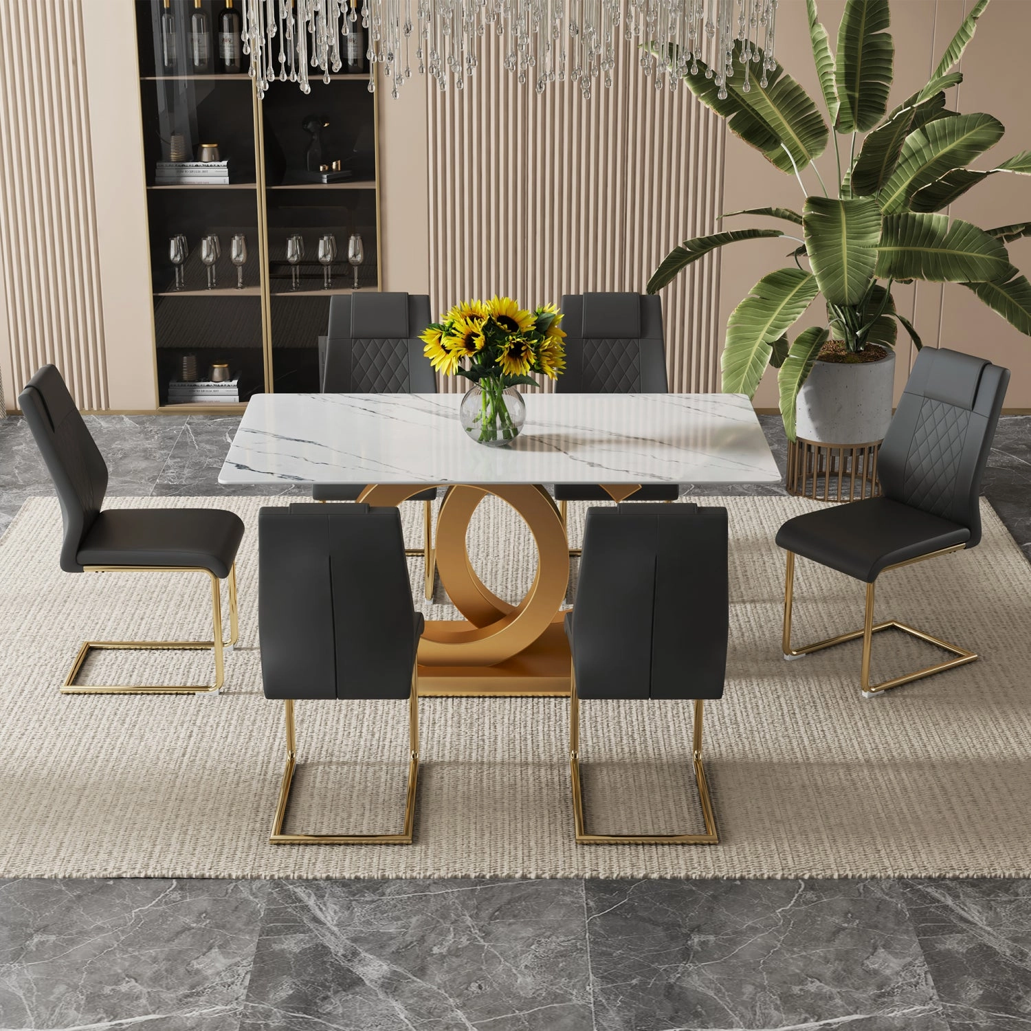 Streamdale 63" Glass Dining Set: Marble Table & 6 Black/Gold Chairs
