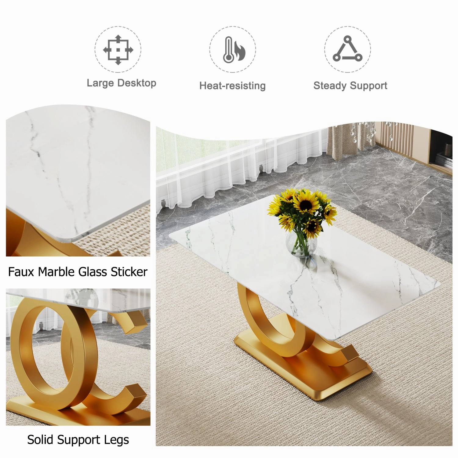 Streamdale 63" Glass Dining Set: Marble Table & 6 Black/Gold Chairs