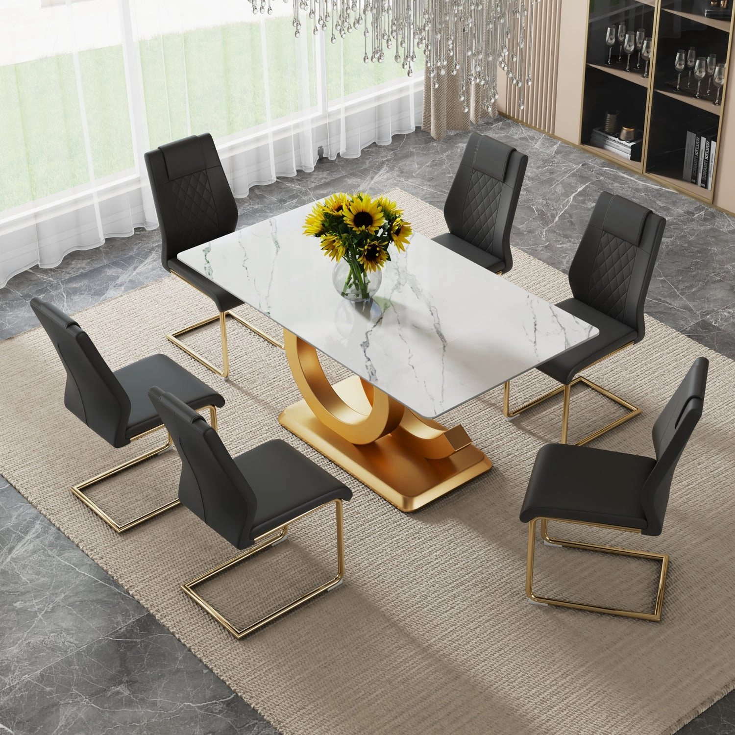 Streamdale 63" Glass Dining Set: Marble Table & 6 Black/Gold Chairs
