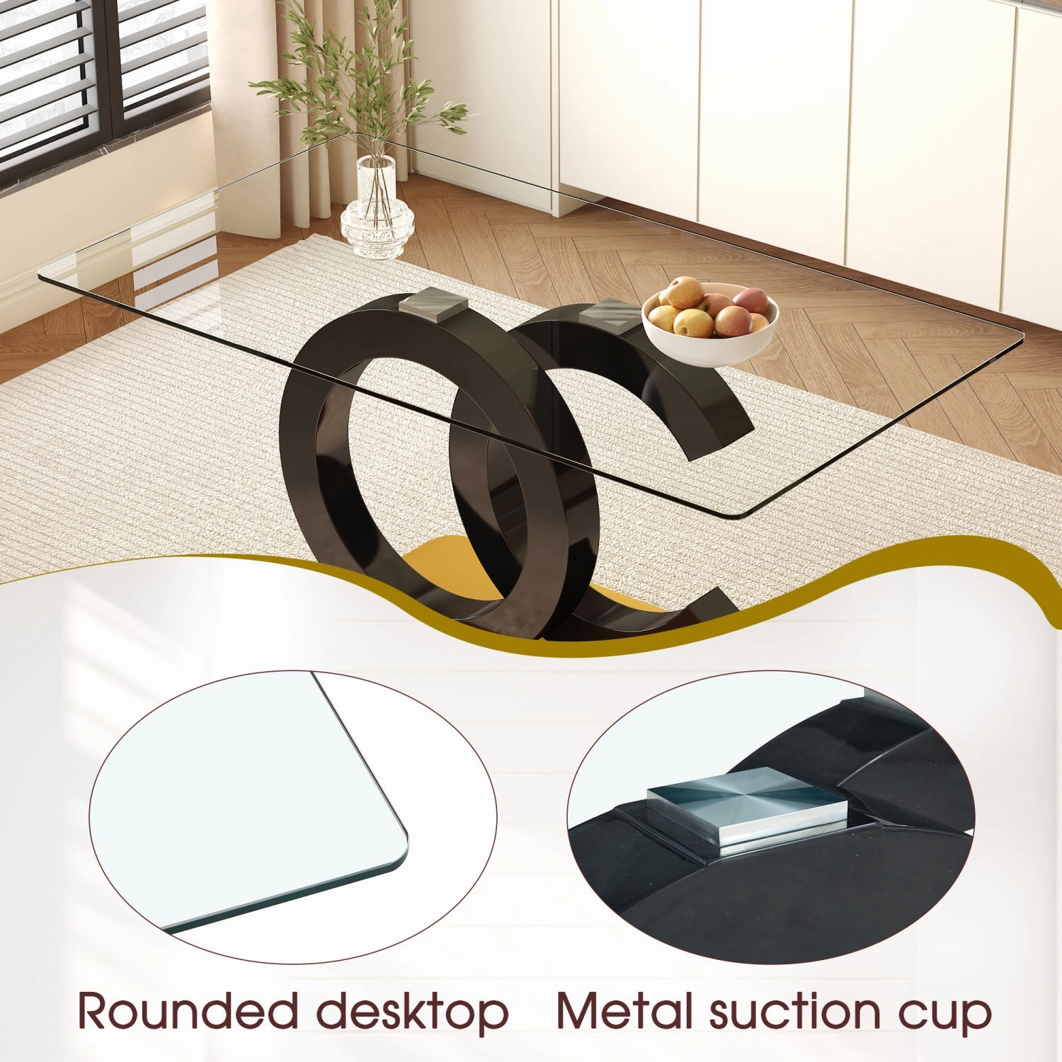 Streamdale 63" Glass Dining Set with 6 Black Chairs & Gold Legs