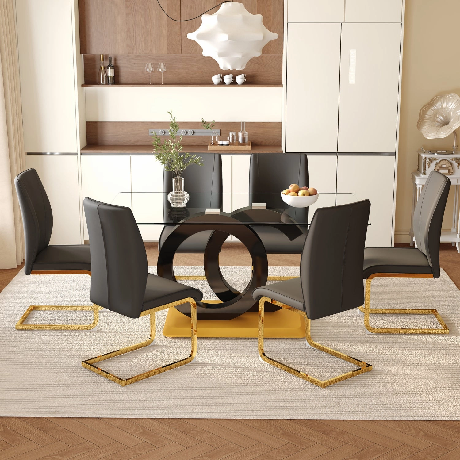 Streamdale 63" Glass Dining Set with 6 Black Chairs & Gold Legs
