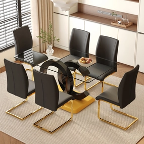 Streamdale 63" Glass Dining Set with 6 Black Chairs & Gold Legs