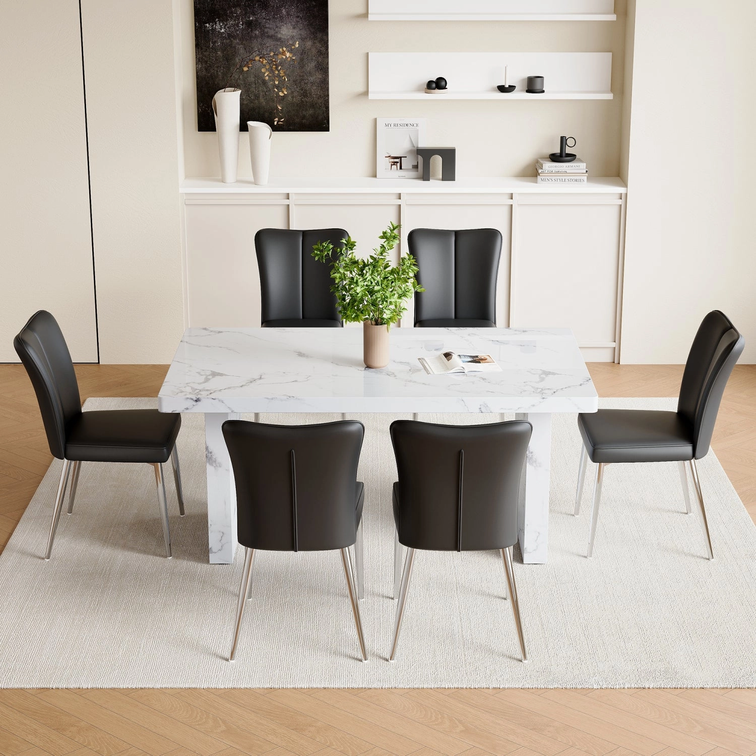 Streamdale White Marble Dining Set with Black Stripe Chairs