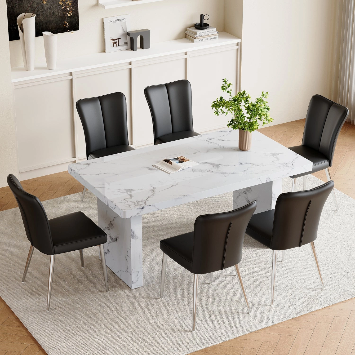 Streamdale White Marble Dining Set with Black Stripe Chairs