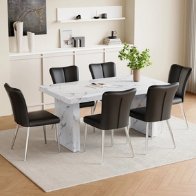 Streamdale White Marble Dining Set with Black Stripe Chairs