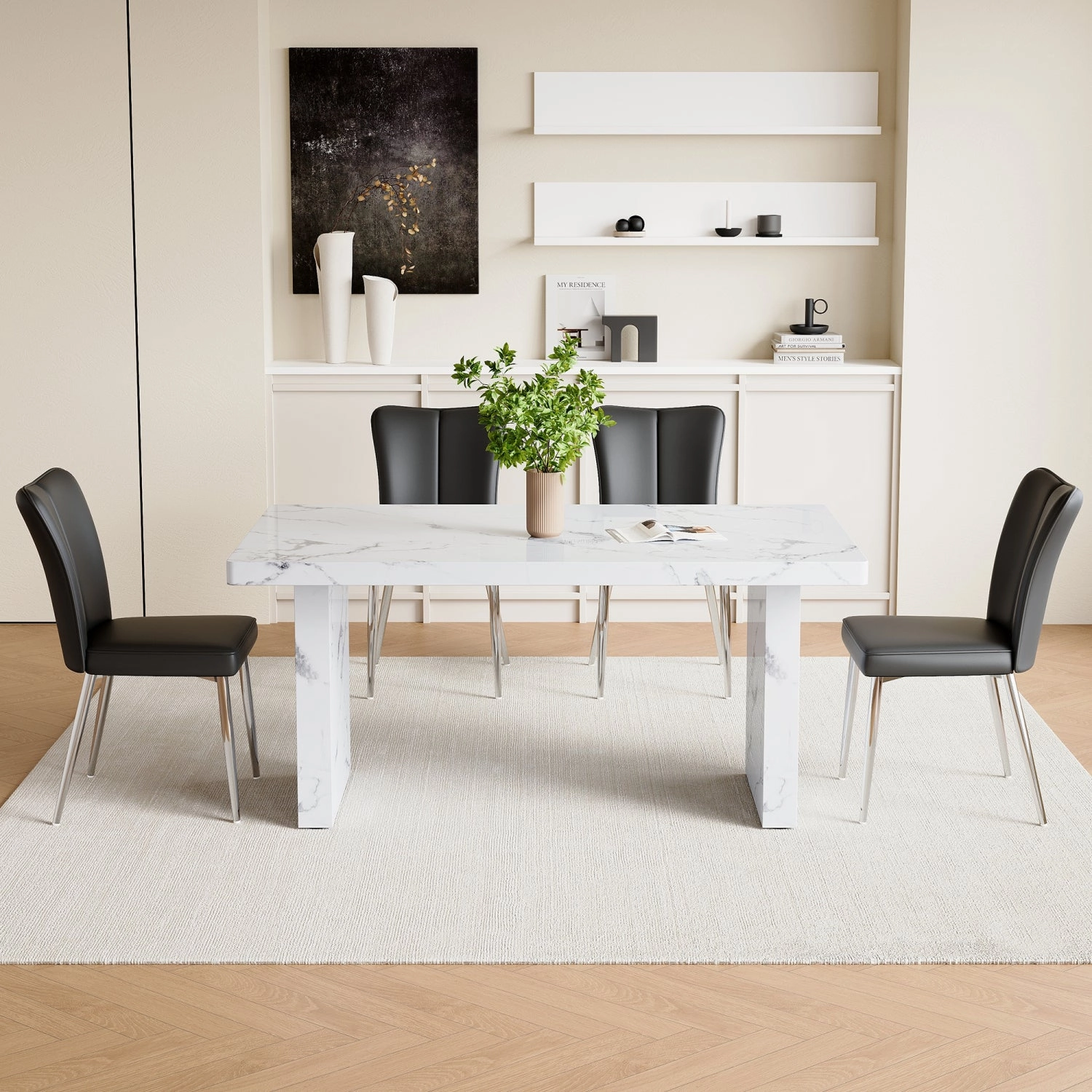 Streamdale White Marble Table & 4 Black PU Chairs