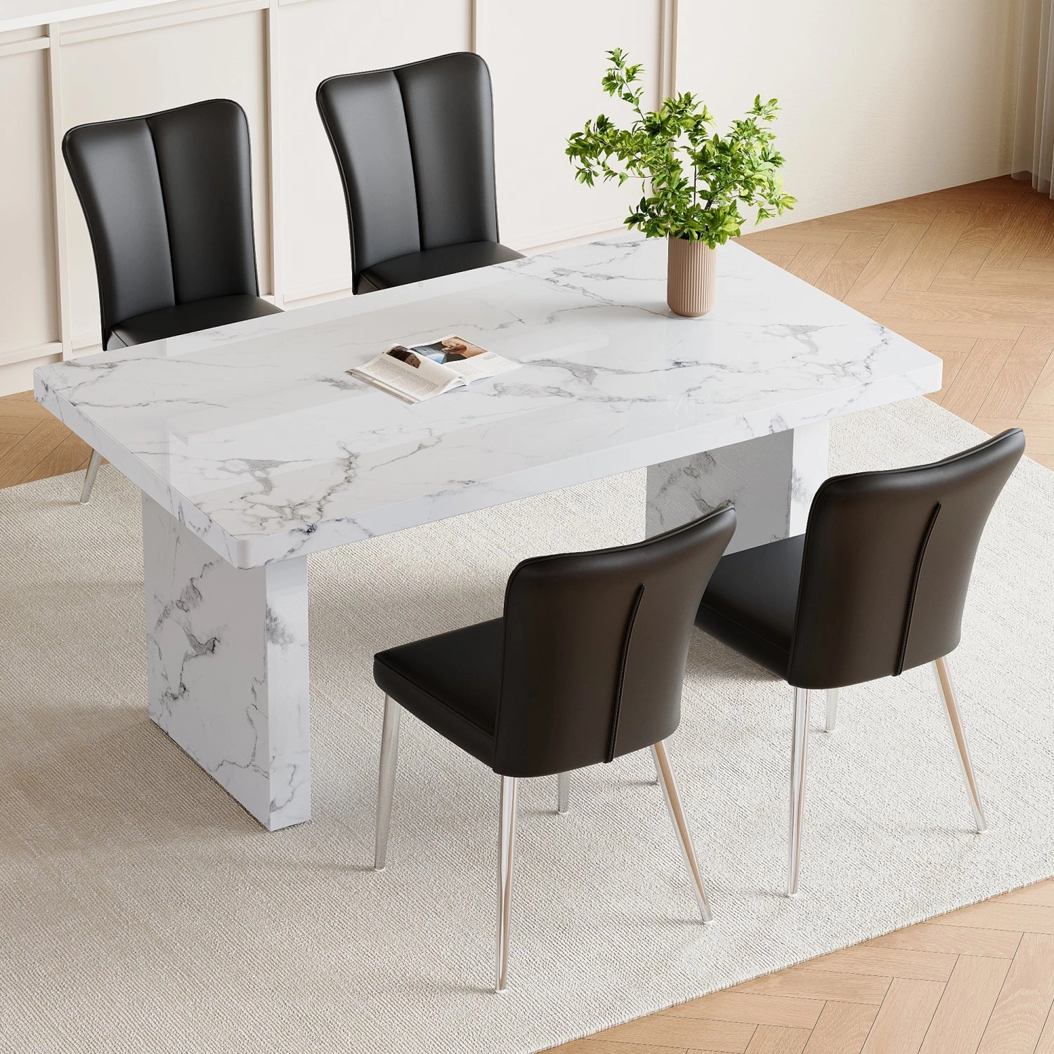 Streamdale White Marble Table & 4 Black PU Chairs