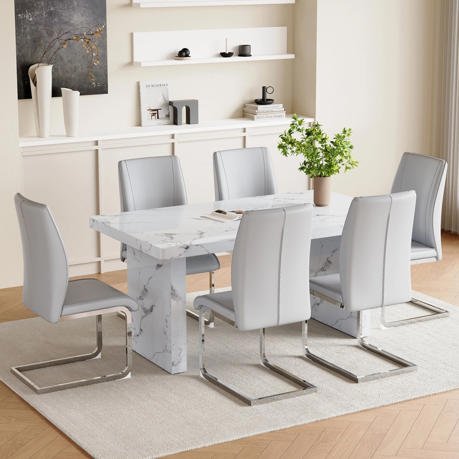 Streamdale White Marble Table & Gray PU Chairs - 6 Seat Dining Set