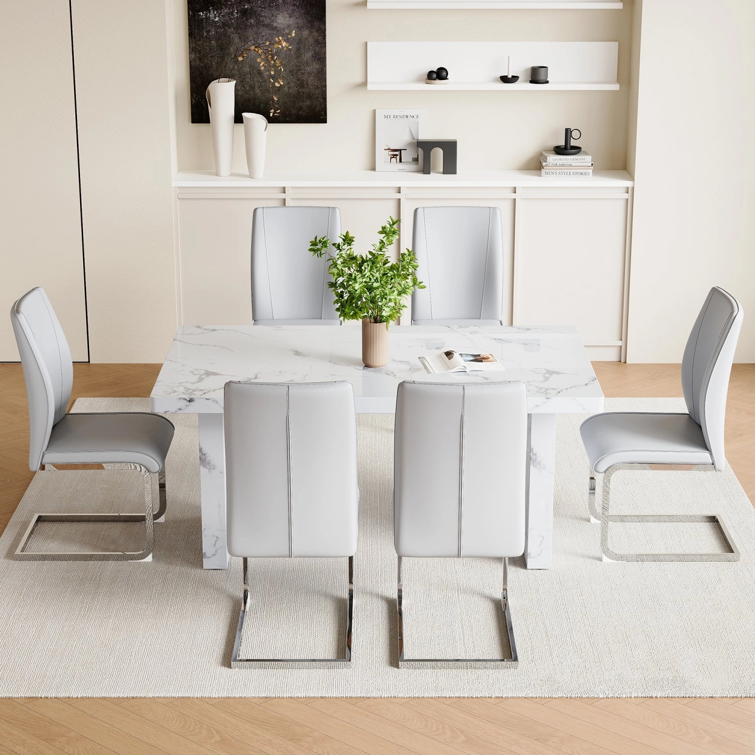 Streamdale White Marble Table & Gray PU Chairs - 6 Seat Dining Set