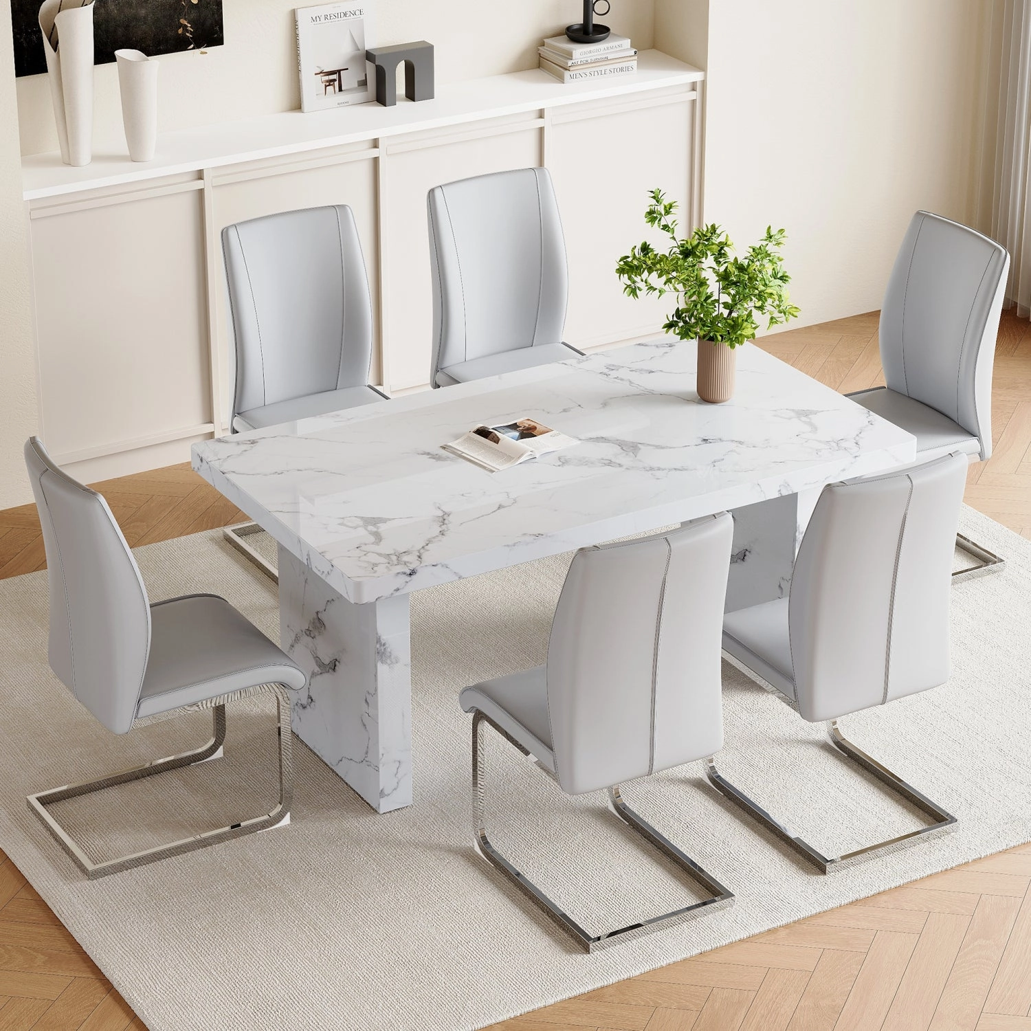 Streamdale White Marble Table & Gray PU Chairs - 6 Seat Dining Set