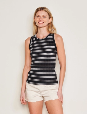 Sundry Variegated Rib Stripe High Crew Tank in Deep Navy