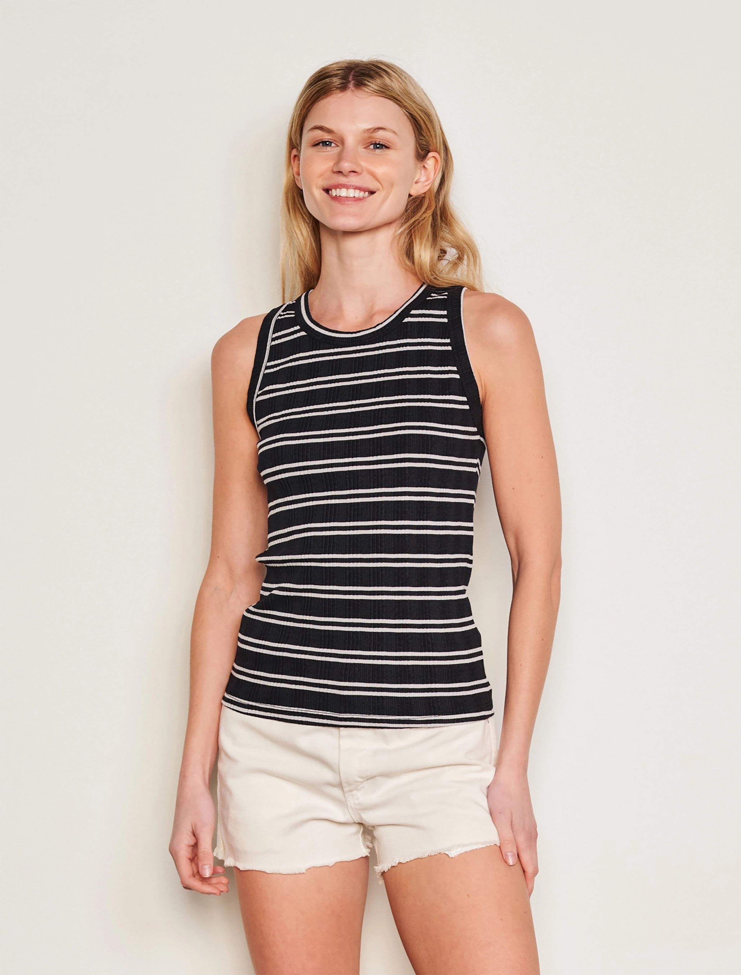 Sundry Variegated Rib Stripe High Crew Tank in Deep Navy