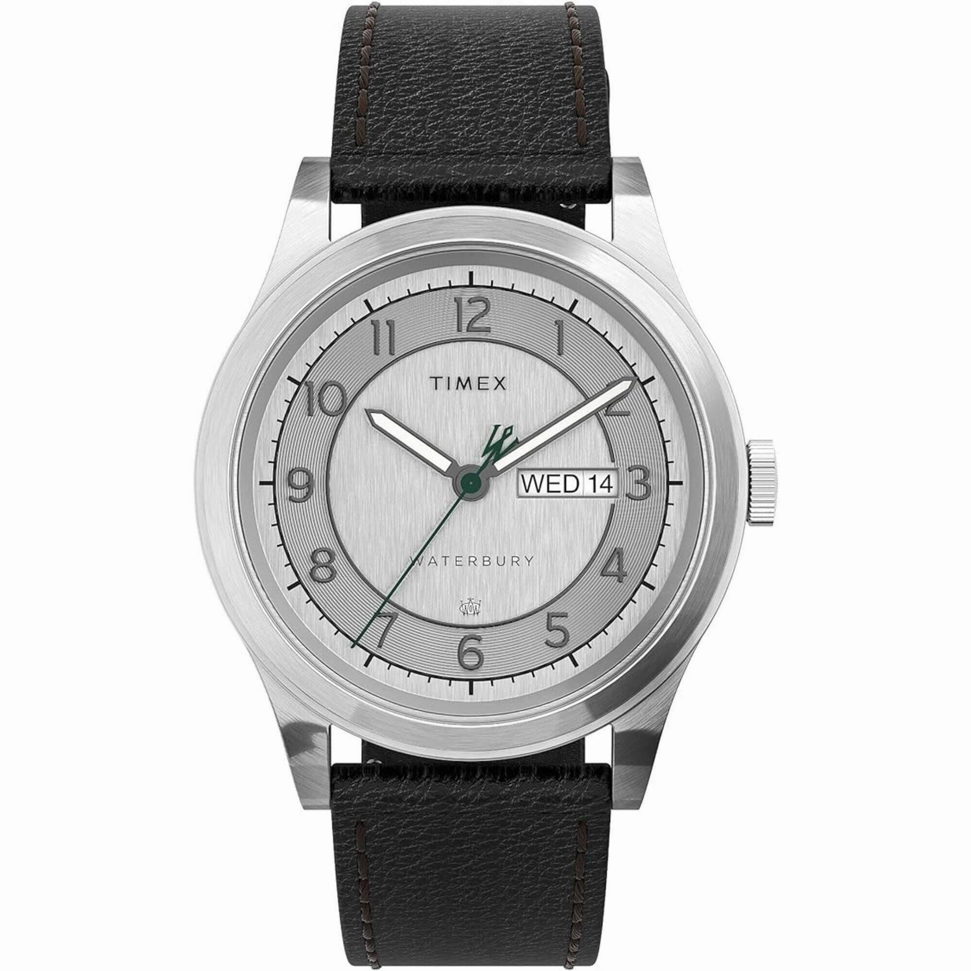 Timex Men's Watch - Waterbury Silver Dial Black Leather Strap Quartz | TW2U90200VQ